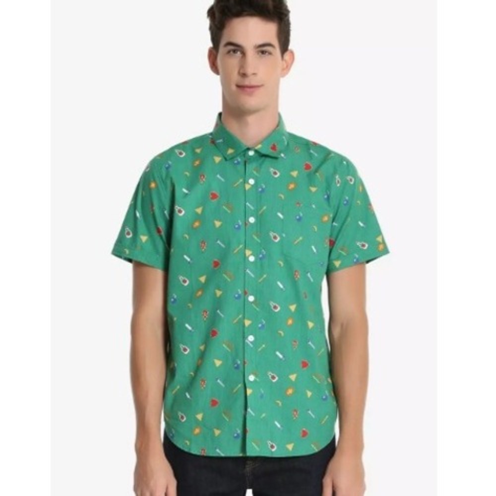 Legend of‎ Zelda Button Down Shirt Green Nintendo Fifth Sun Mens Size M Cotton